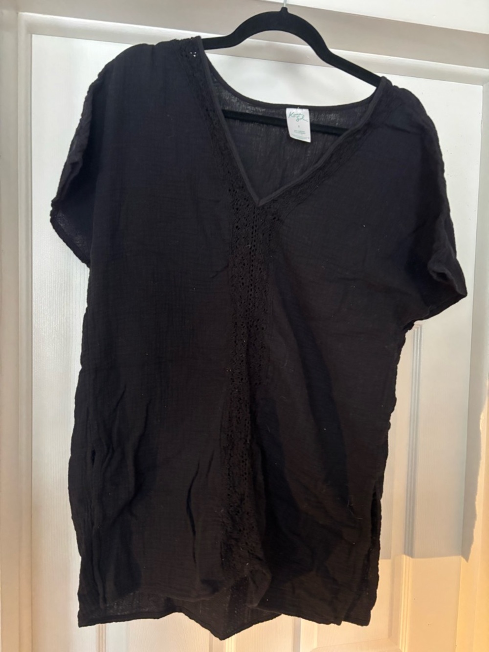 Kona Sol Black V-Neck Coverup Tunic with Crochet Detail
